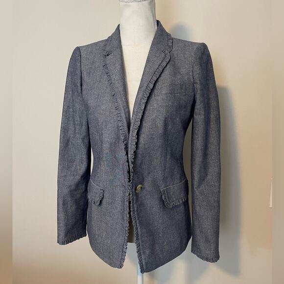 J Crew Regents Chambray Ruffle Edge Blazer - Picture 4 of 10